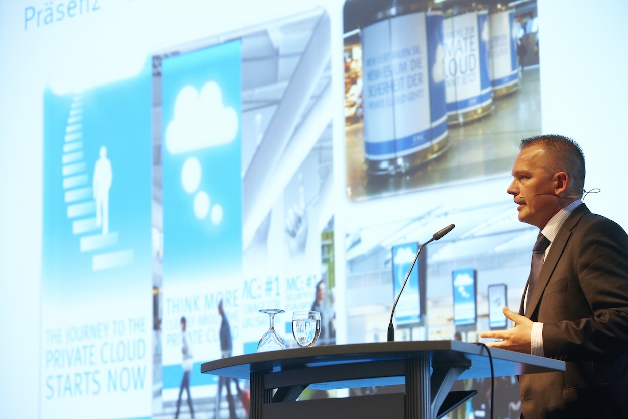 Speakers on stage at the EMC Power and Speed Sales and Partner Event