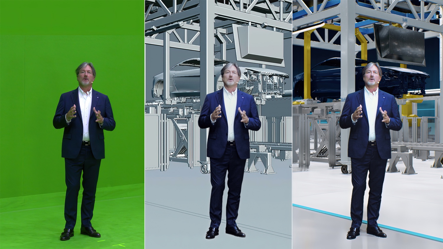 Green-screen film production for the Dürr NEXT.assembly digital event The production process for a green-screen film production for the immersive Dürr NEXT.assembly digital event, featuring 3D product films and virtual presentation environments.